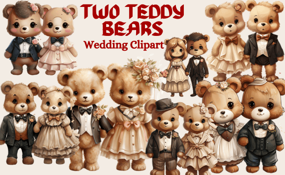 Adorable Two Teddy Bears Wedding Clipart for Your Projects