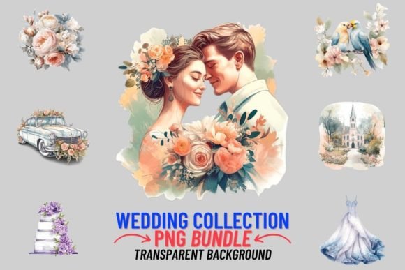 Enchanting Wedding Watercolor Art: 16 PNG Designs