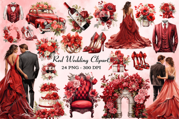 Red Wedding Watercolor Clipart: A Bundle for Elegant Projects