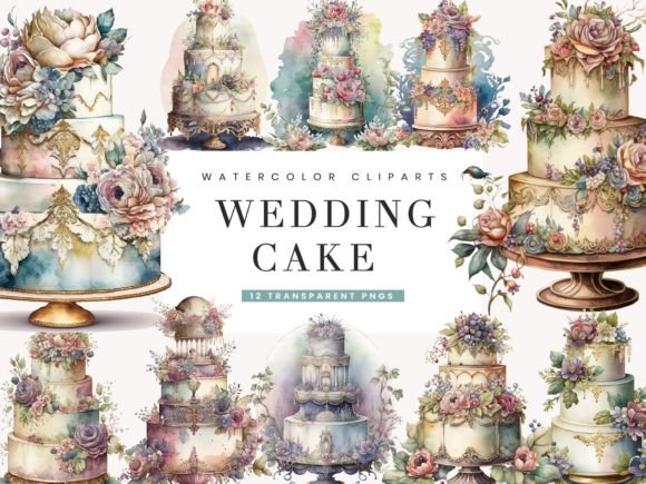 Watercolor Wedding Cake Clipart: Sweet Design Elements