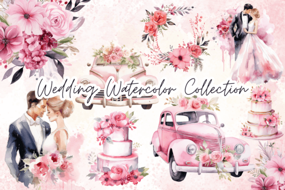 Wedding Pink Theme Watercolor Clipart: Elegant Digital Assets
